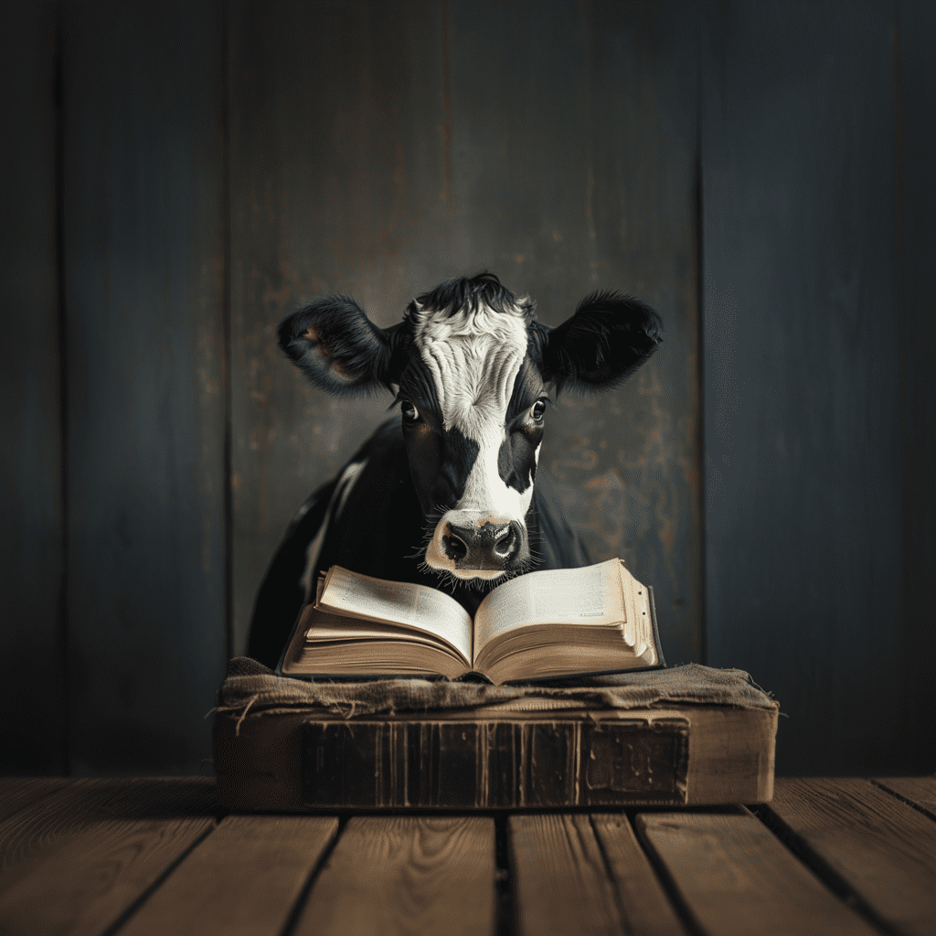 A cow is sitting on top of an open book.