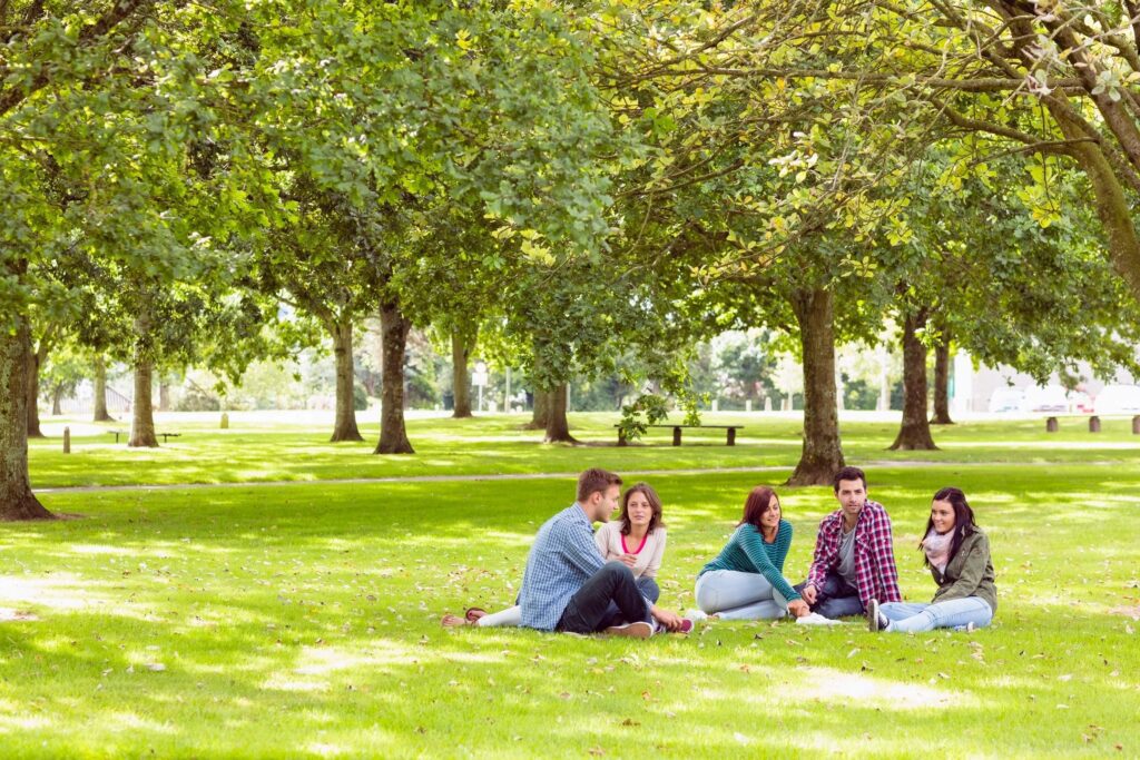 A group of people sitting on the grass in a park.